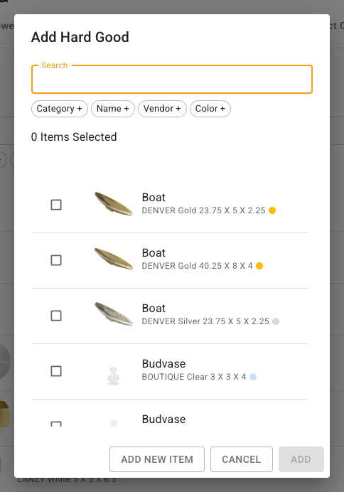 FlowerBuddy Add Hard Good dialog with catalog and material fields.