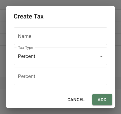 FlowerBuddy Create Tax dialog with name, tax type, and percent value fields.