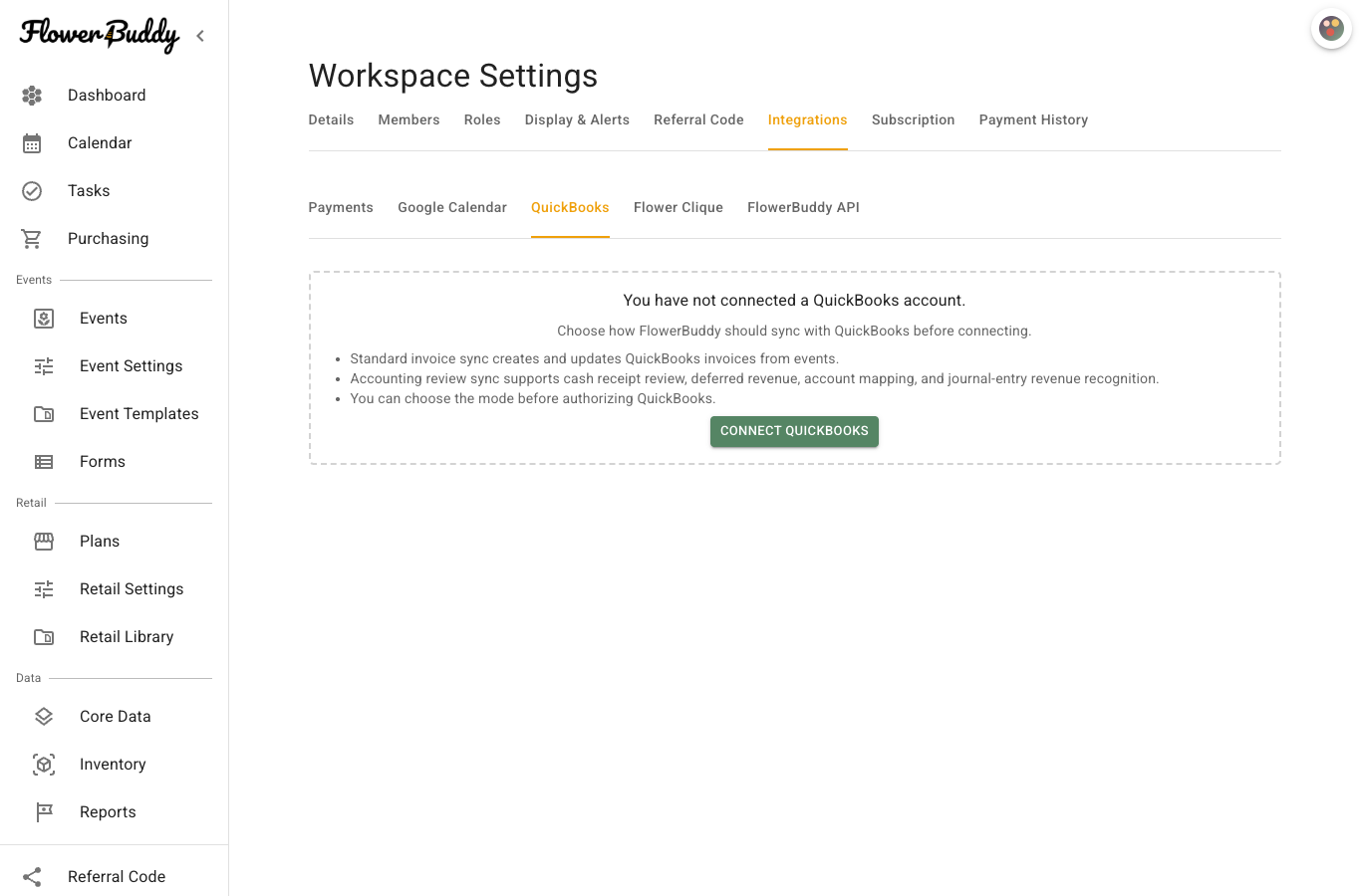 QuickBooks tab showing a disconnected workspace, a summary of Standard invoice sync and Accounting review sync, and the Connect QuickBooks action.