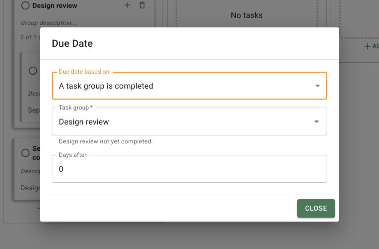 FlowerBuddy Due Date dialog showing a task due date based on completion of the Design review task group, with a note that the group is not yet completed.