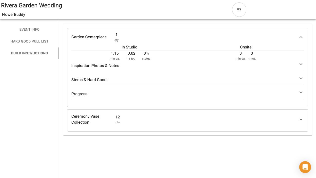Shared FlowerBuddy Build Instructions view with the Garden Centerpiece recipe expanded, showing its quantity, In Studio and Onsite labor summaries, Inspiration Photos & Notes, Stems & Hard Goods, and Progress sections.