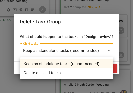 FlowerBuddy Delete Task Group dialog for Design review, showing the choice between keeping its tasks as standalone tasks and deleting all child tasks with the group.