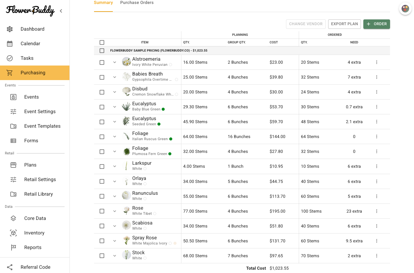 Purchasing Summary showing populated flower rows with planning quantities, buying groups, costs, and vendor headings