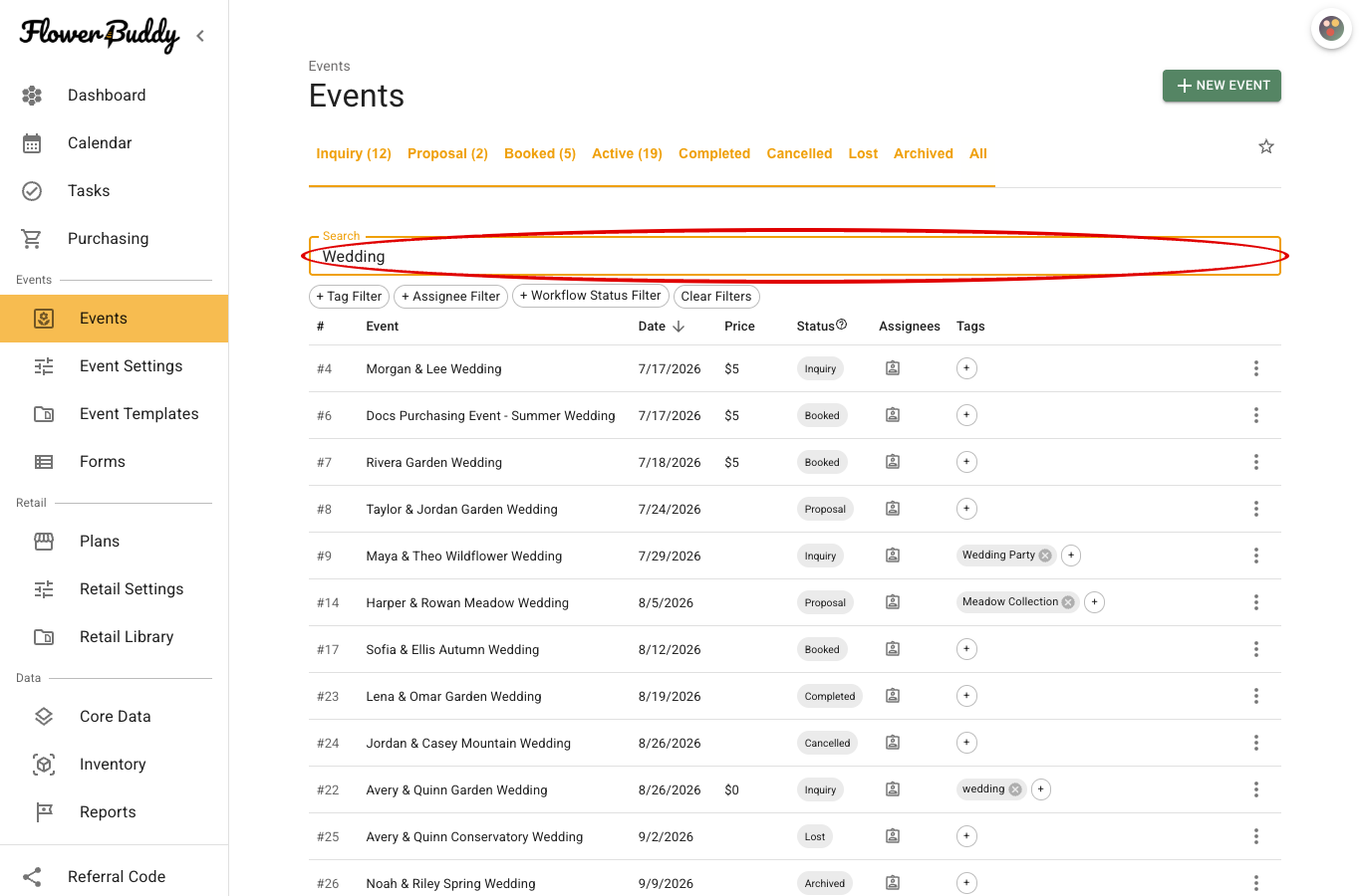 FlowerBuddy Events page with the Search field circled below the event status filters and a populated table of matching wedding events underneath.