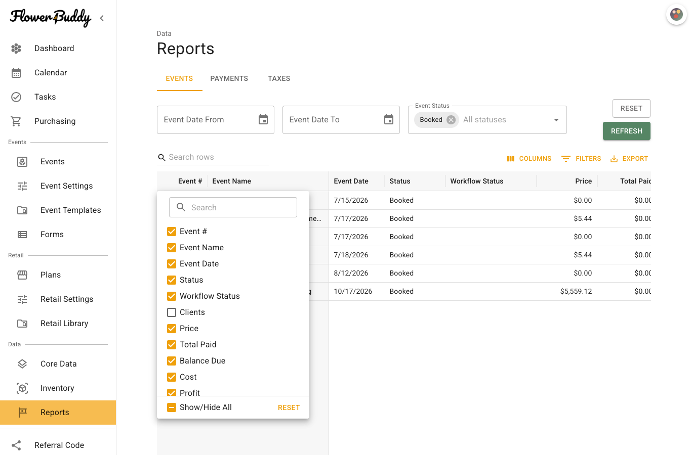 Events report with the Columns menu open and visible table fields listed.