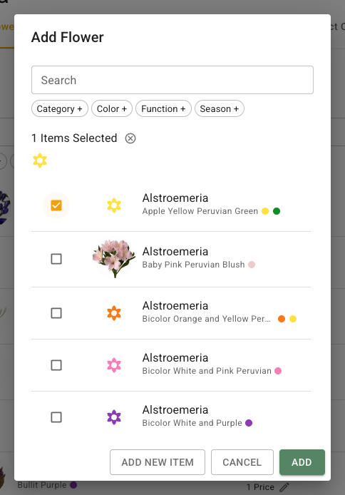 FlowerBuddy Add Flower dialog with a selected Alstroemeria record and filters for finding other flowers.