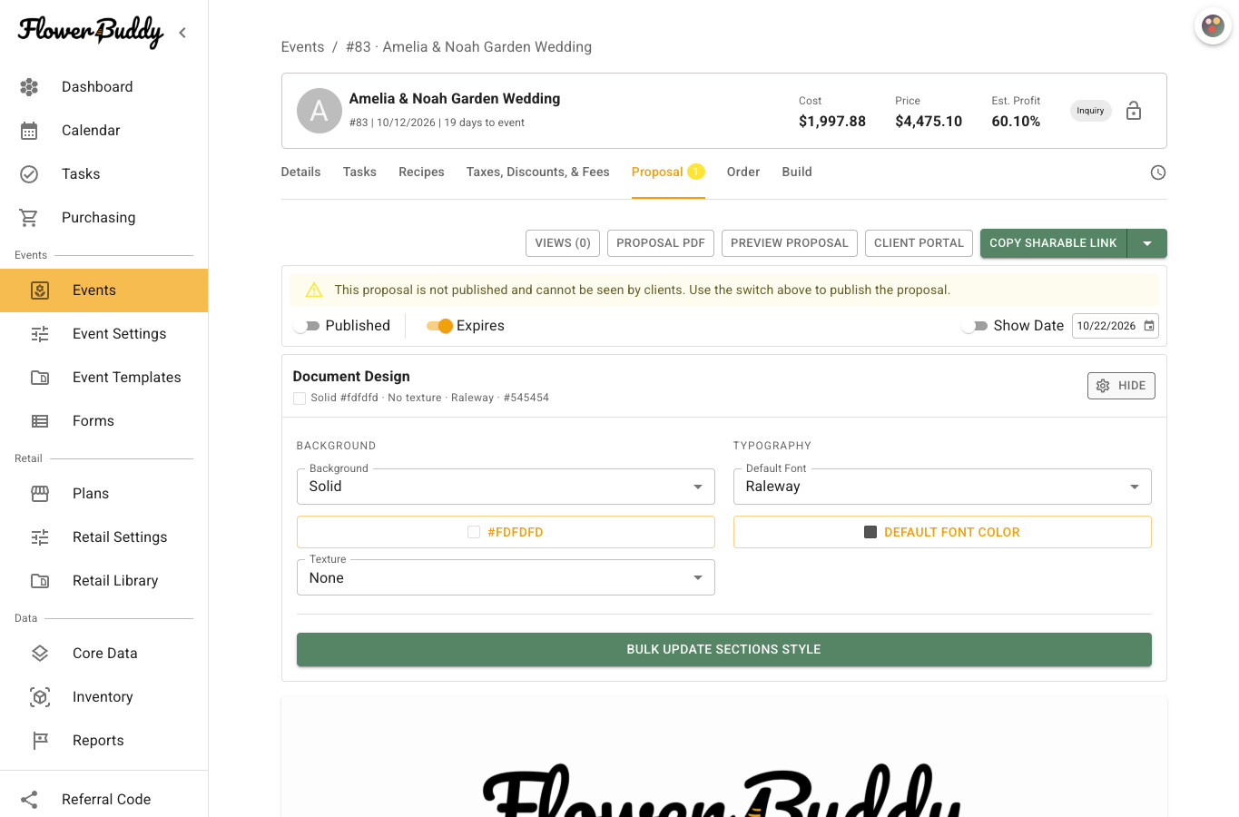 FlowerBuddy Proposal editor showing Document Design with Background, Texture, Default Font, Default Font Color, and Bulk Update Sections Style controls.