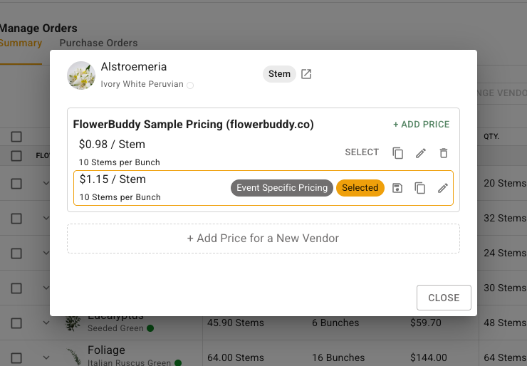 Flower buying-price dialog opened from Purchasing with the current selected planning price, wholesaler, and buying-group information