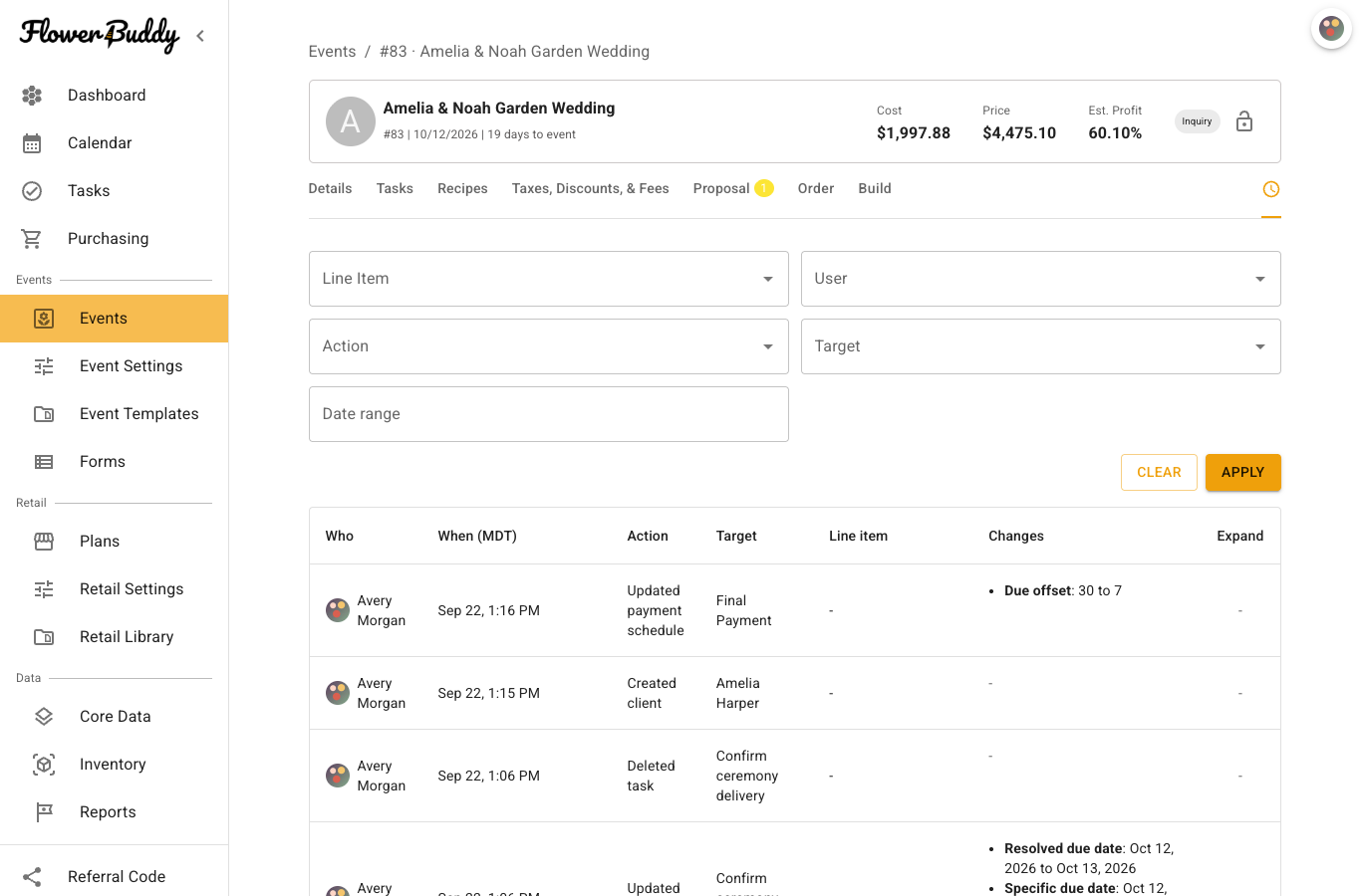 FlowerBuddy Event History tab showing filters for line item, user, action, target, and date range above an audit table with expandable event changes.