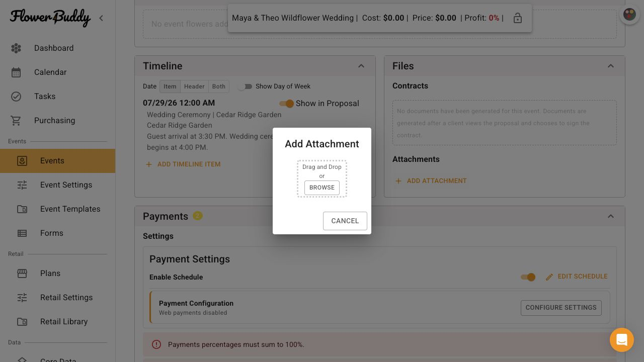 FlowerBuddy Add Attachment dialog over the event Files section, showing Drag and Drop and Browse controls for adding an ordinary event document.
