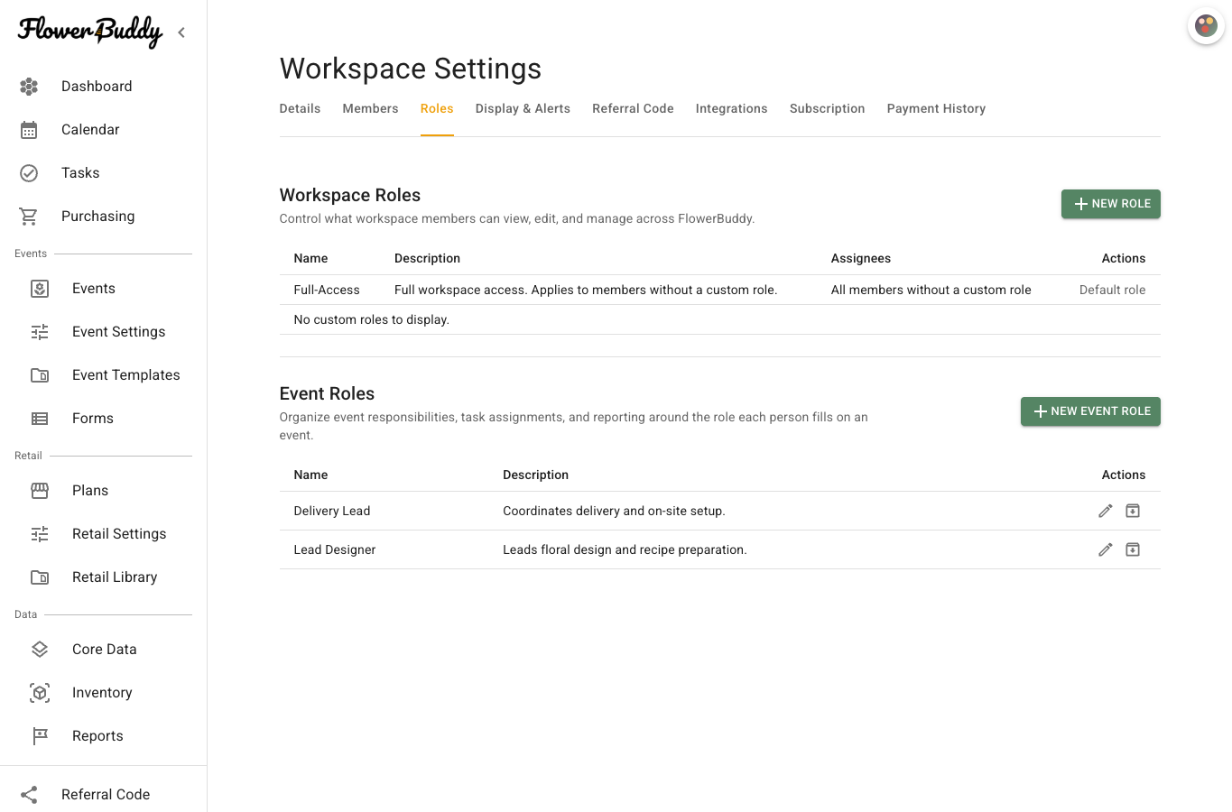 Roles tab showing the Event Roles section below Workspace Roles, where shared responsibility names are managed.