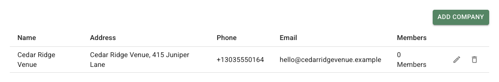 FlowerBuddy Companies tab with company details and member counts.
