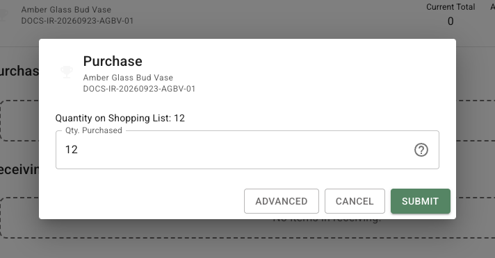 Purchase dialog for Amber Glass Bud Vase showing Quantity on Shopping List, Qty. Purchased, and Submit.