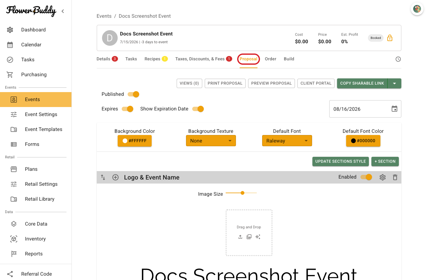 FlowerBuddy Proposal tab showing the proposal canvas, Document Design controls, enabled section settings, and the Add Section control.